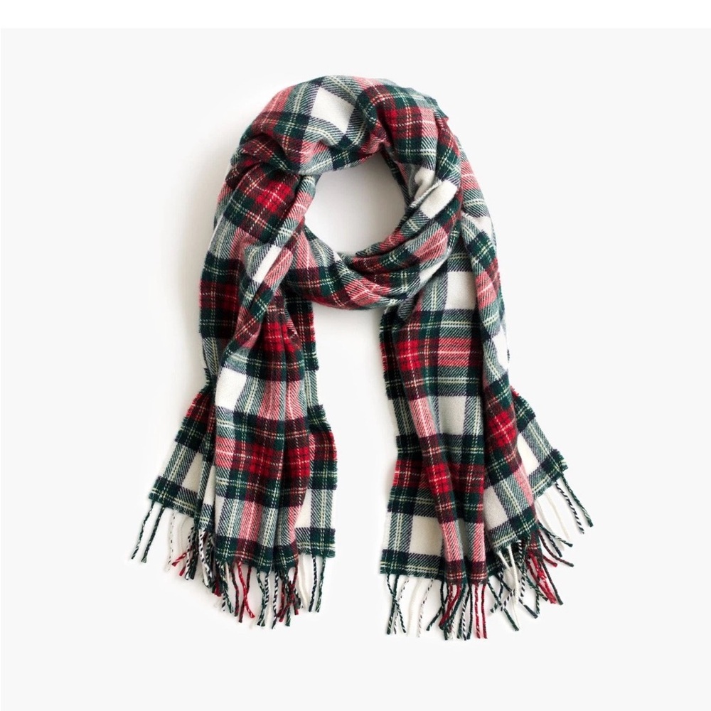 EUC -J.CREW Tartan Scarf RED MULTI H3794 Made In Italy *red white green plaid